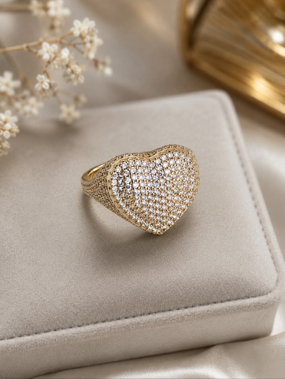 Gold Heart Ring Size 9 Gold Plated Zirconia Pave Statement
